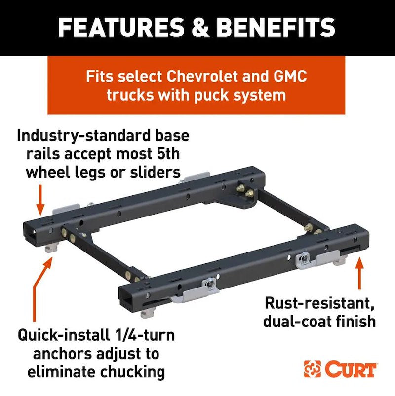 CURT 16050 OEM PUCK SYSTEM 5TH WHEEL RAILS ; 16-19 GM HD WITH 5TH WHEEL PREP PACKAGE