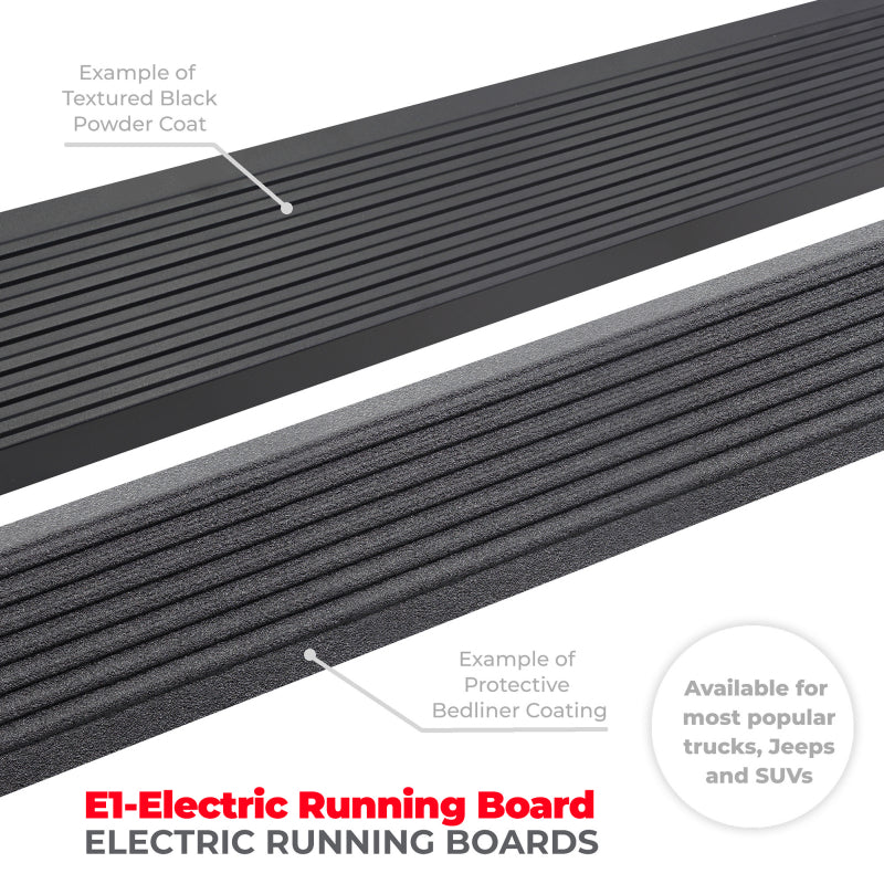 Go Rhino E1 Electric Running Board Kit - Two Brackets Per Side - 21-24 Ford Bronco - Protective Bedliner