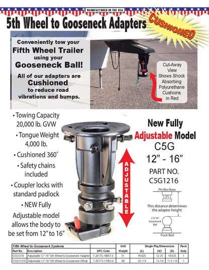 CONVERT-A-BALL RV ADAPTOR Cushioned 12-16" 20K Gooseneck-to-5th Wheel