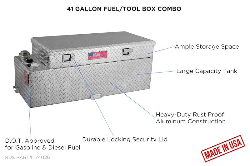 RDS 50 GAL. TRANSFER TANK/TOOLBOX COMBO  - ALUMINUM SILVER - COMPLETE PACKAGE W/ 15GPM PUMP & ARCTIC HOSE