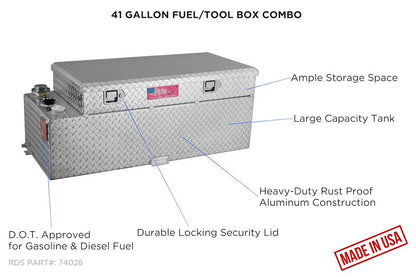 RDS 50 GAL. TRANSFER TANK/TOOLBOX COMBO  - ALUMINUM SILVER - COMPLETE PACKAGE W/ 15GPM PUMP & ARCTIC HOSE