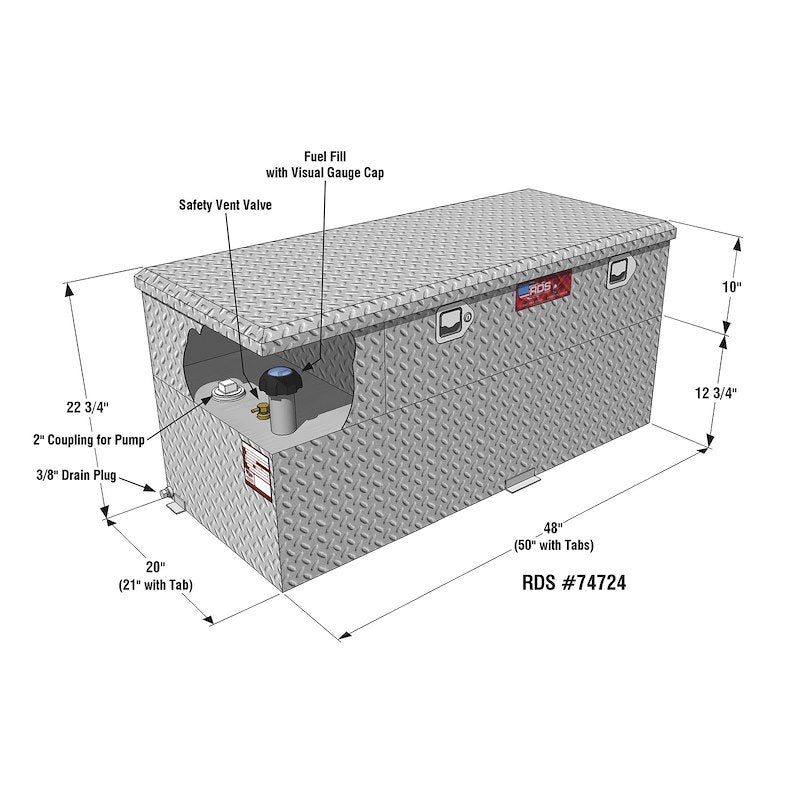 RDS #74724PC - 50 GAL. TRANSFER TANK/TOOLBOX COMBO W/ BUILT IN 8GPM PUMP - ALUMINUM - BLACK POWDER COAT