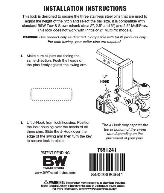 B&W TS51241 Tow & Stow Pin Lock