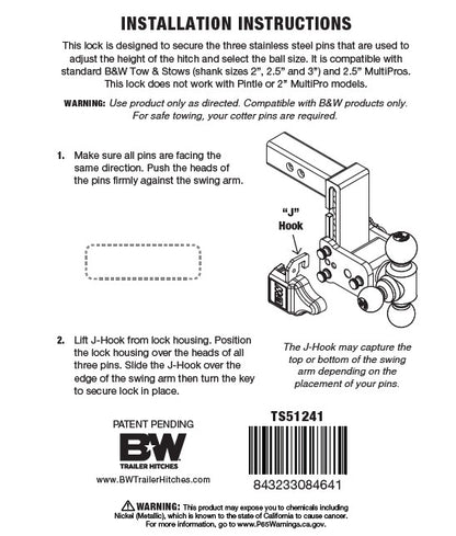 B&W TS51241 Tow & Stow Pin Lock